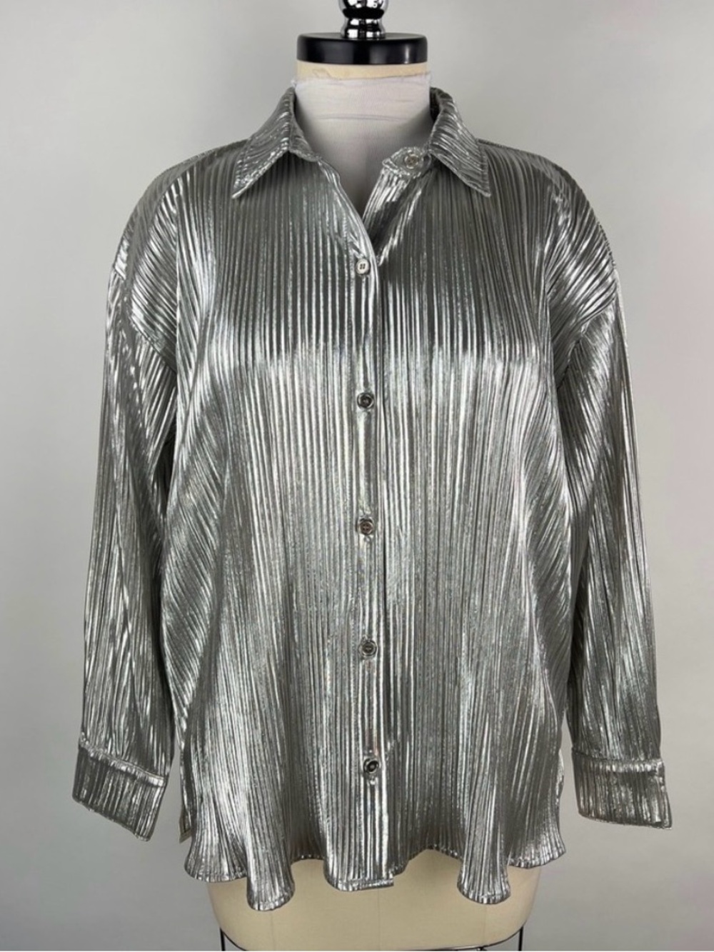 Metallic Silver (Plisse) Pleated Button-Front Shirt Jacket